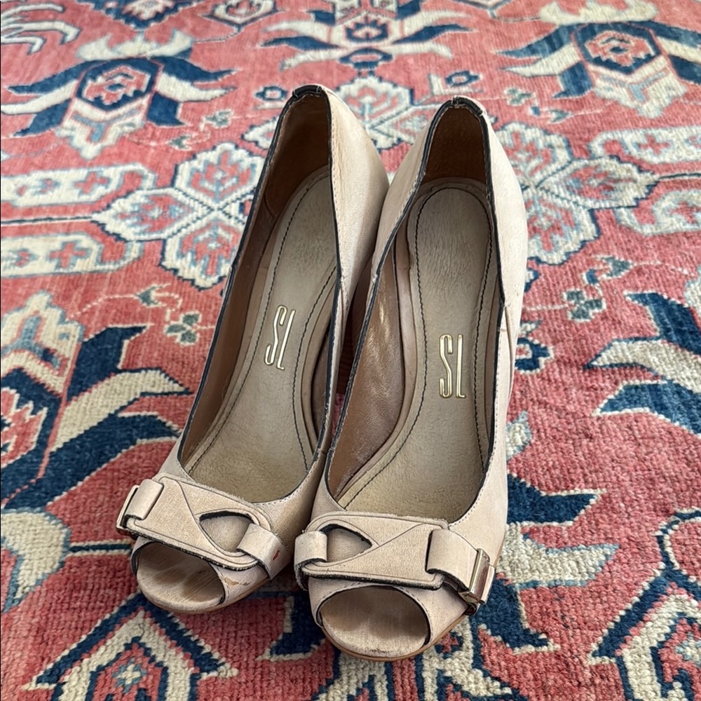 Cream Peep Toe Heels with Decorative Detail